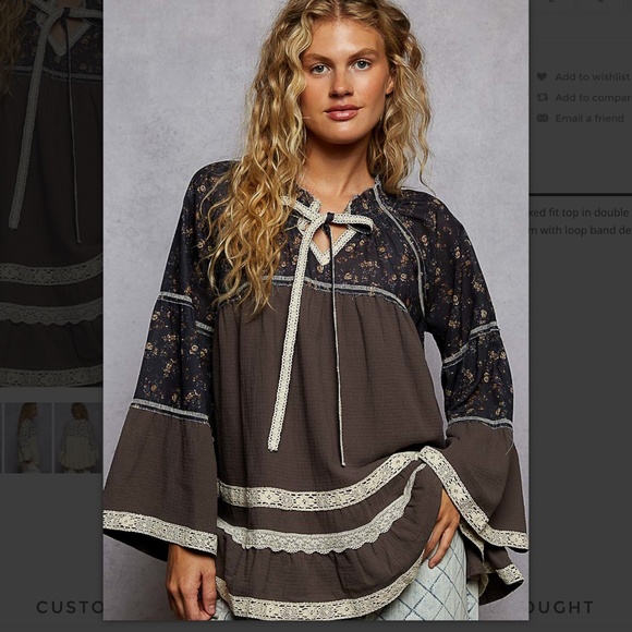 POL Tops - POL “ Dana “ POL V-Neck Double Gauze Top with Floral Fabric Detail 59A NWT